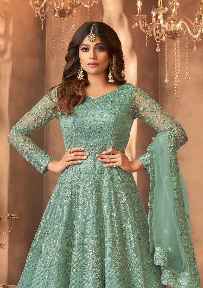 Green Embroidery Net Kurta Set - Indya