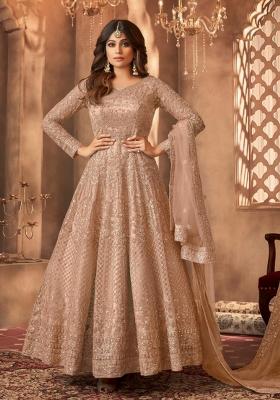 Beige Embroidery Net Kurta Set