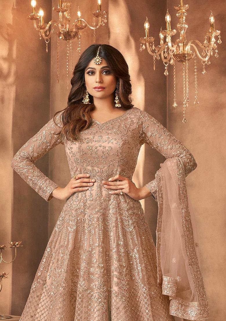 Beige Embroidery Net Kurta Set - Indya