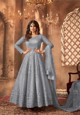 Grey Embroidery Net Kurta Set