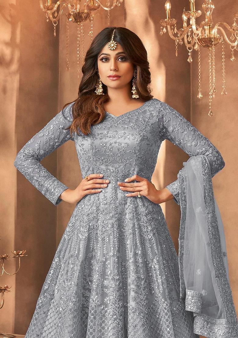 Grey Embroidery Net Kurta Set - Indya