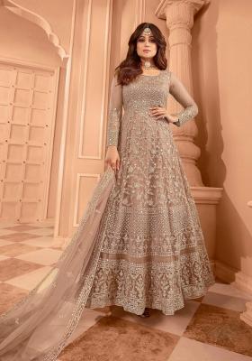 Beige Embroidery Net Kurta Set