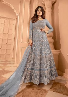 Blue Embroidery Net Kurta Set
