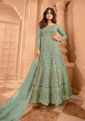 Green Embroidery Net Kurta Set