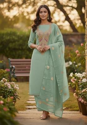 Green Embroidery Jacquard Kurta Set