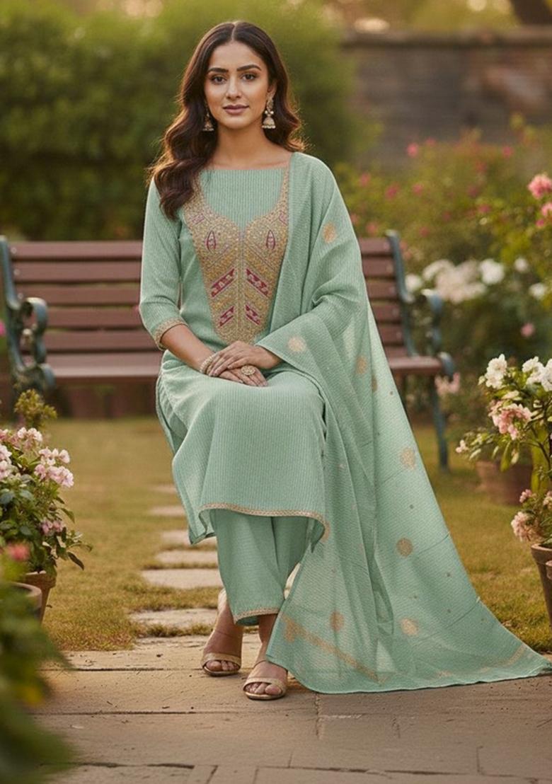 Green Embroidery Jacquard Kurta Set - Indya