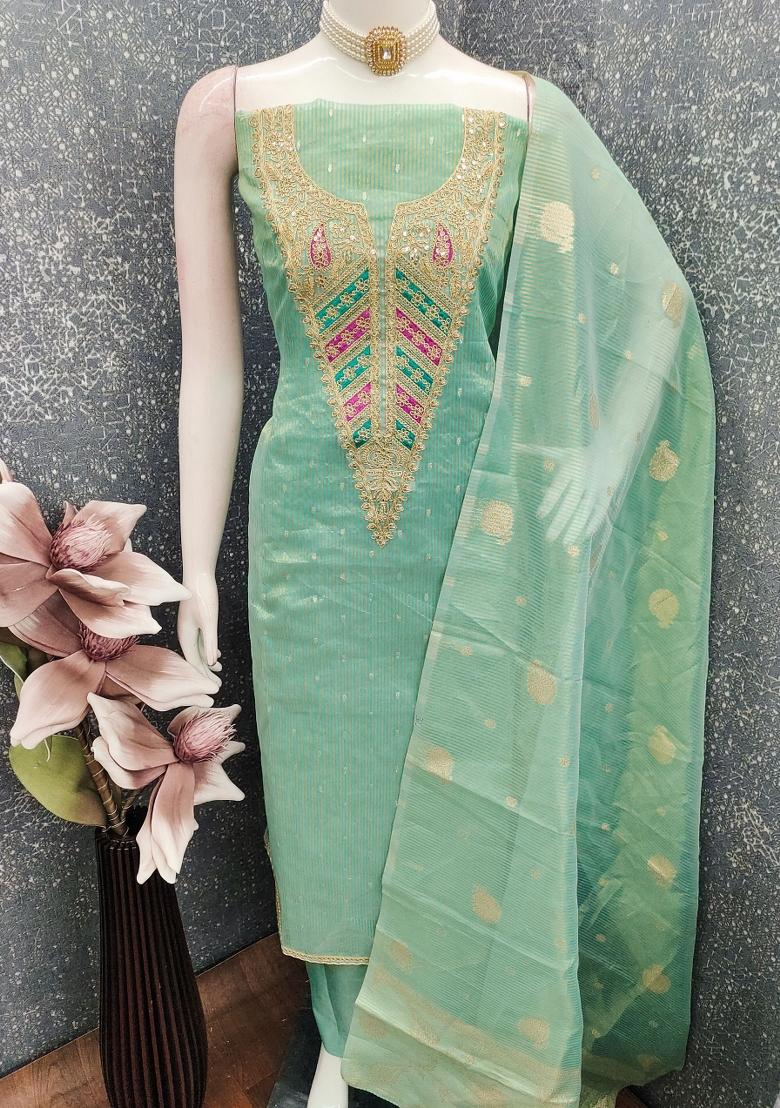 Green Embroidery Jacquard Kurta Set - Indya
