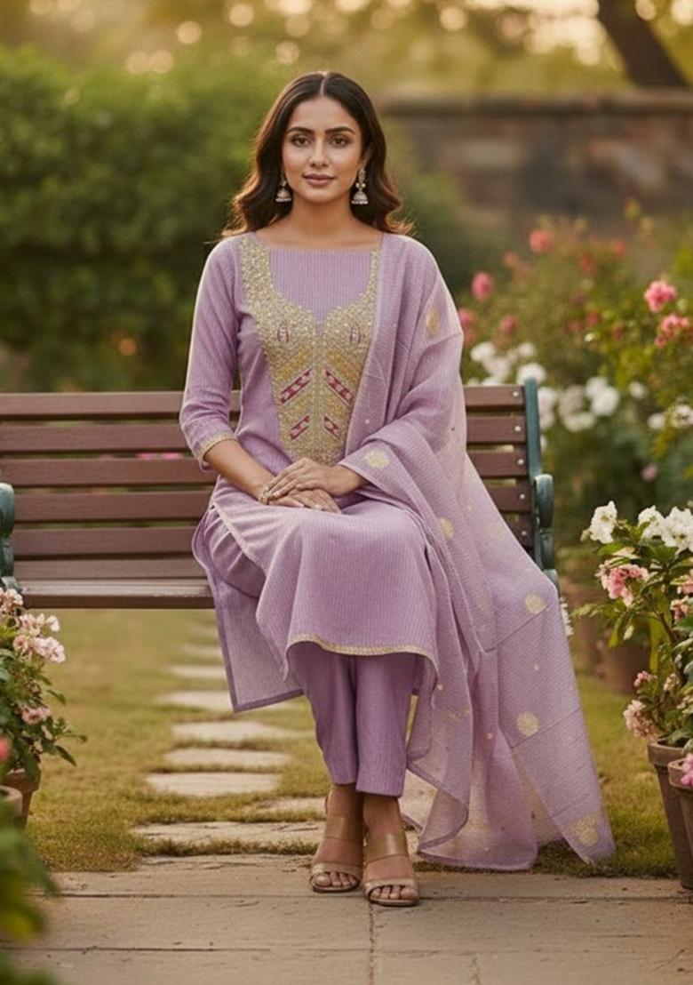 Lavender Embroidery Jacquard Kurta Set - Indya
