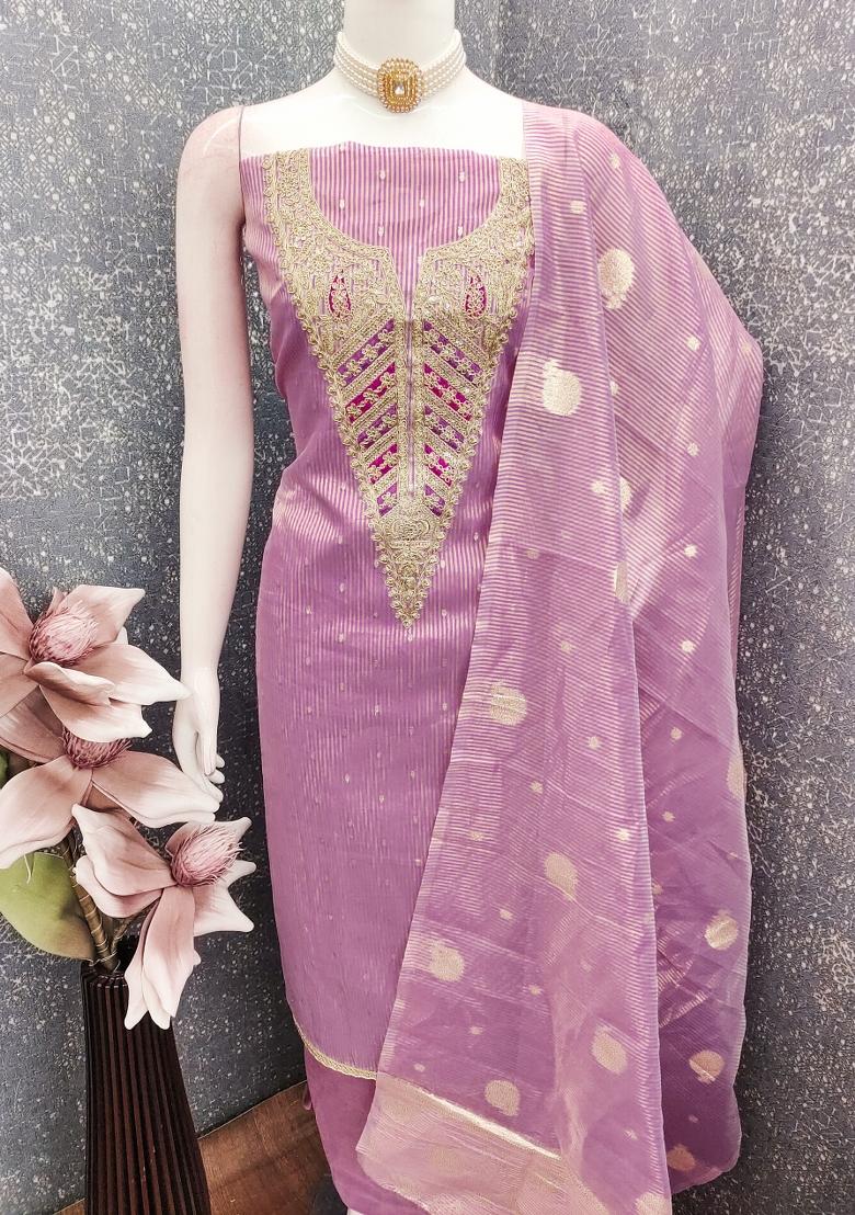 Lavender Embroidery Jacquard Kurta Set - Indya