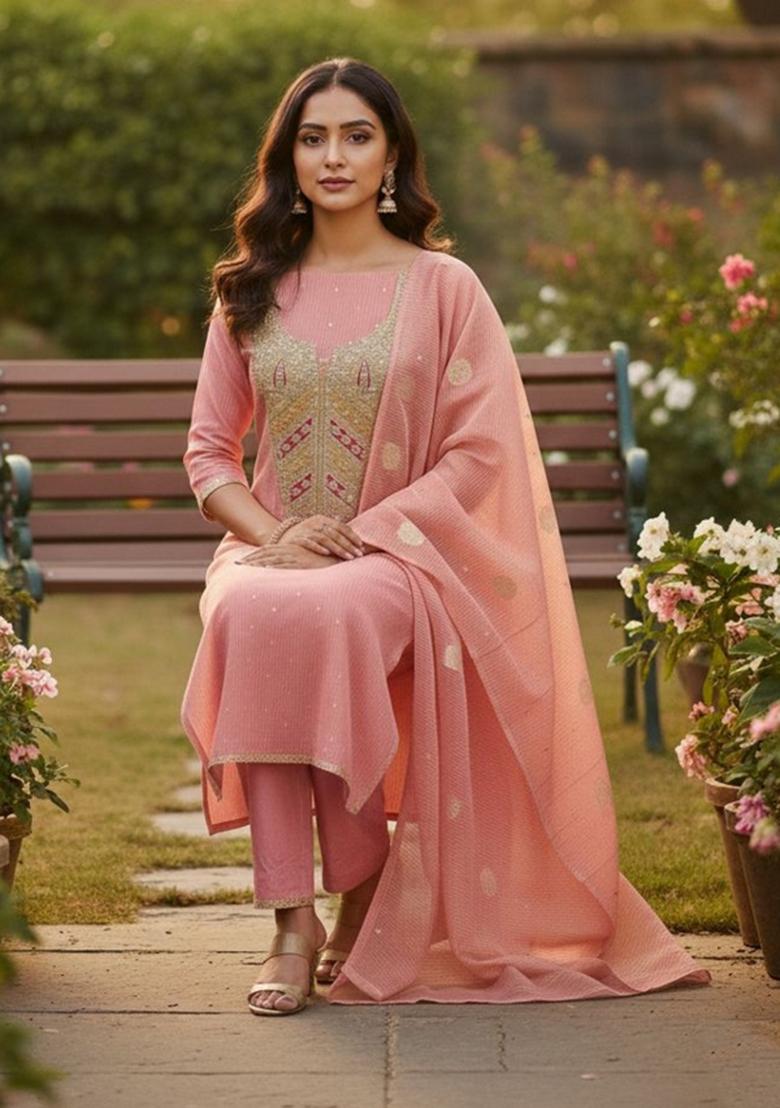 Pink Embroidery Jacquard Kurta Set - Indya