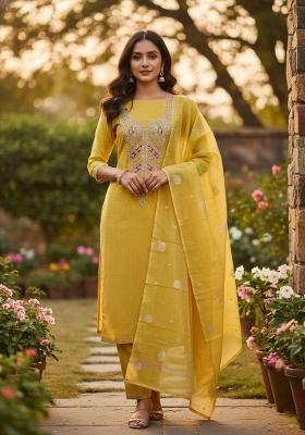 Yellow Embroidery Jacquard Kurta Set
