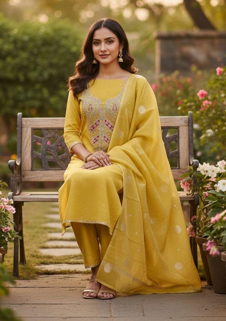 Yellow Embroidery Jacquard Kurta Set - Indya
