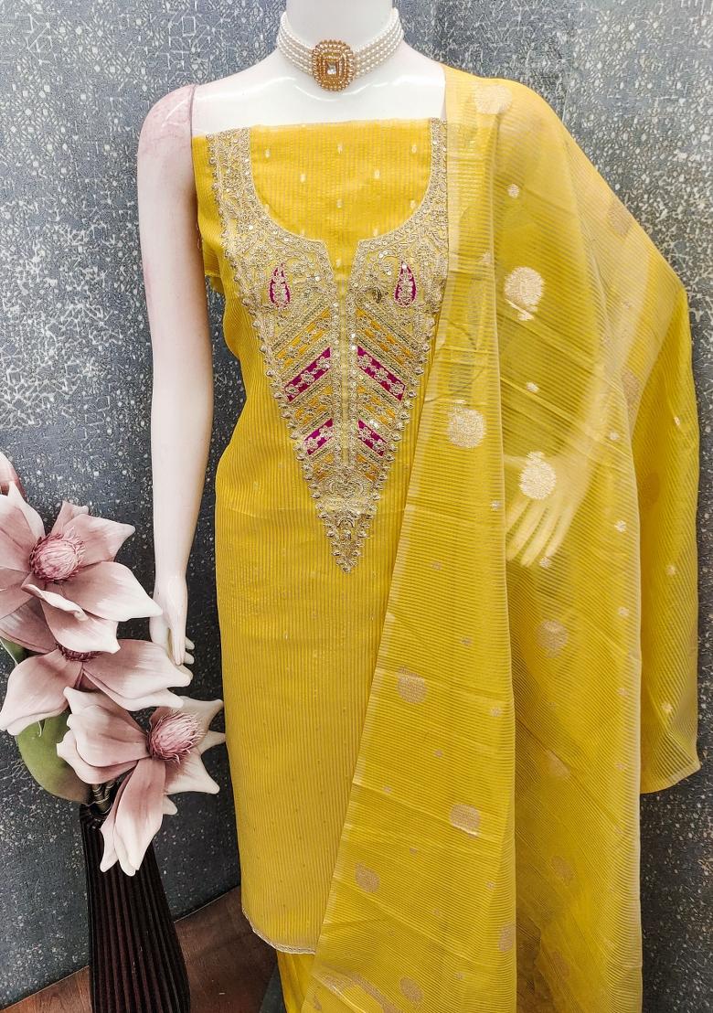 Yellow Embroidery Jacquard Kurta Set - Indya