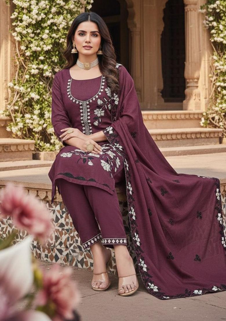 Brown Embroidery Georgette Kurta Set - Indya