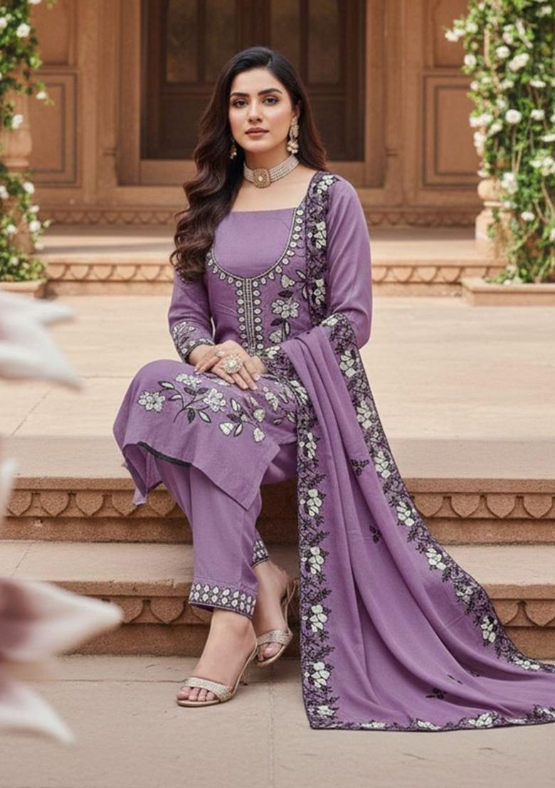 Lavender Embroidery Georgette Kurta Set - Indya