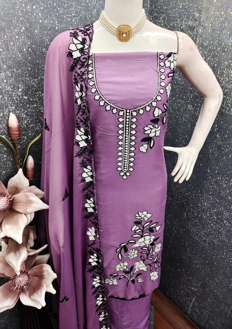 Lavender Embroidery Georgette Kurta Set - Indya