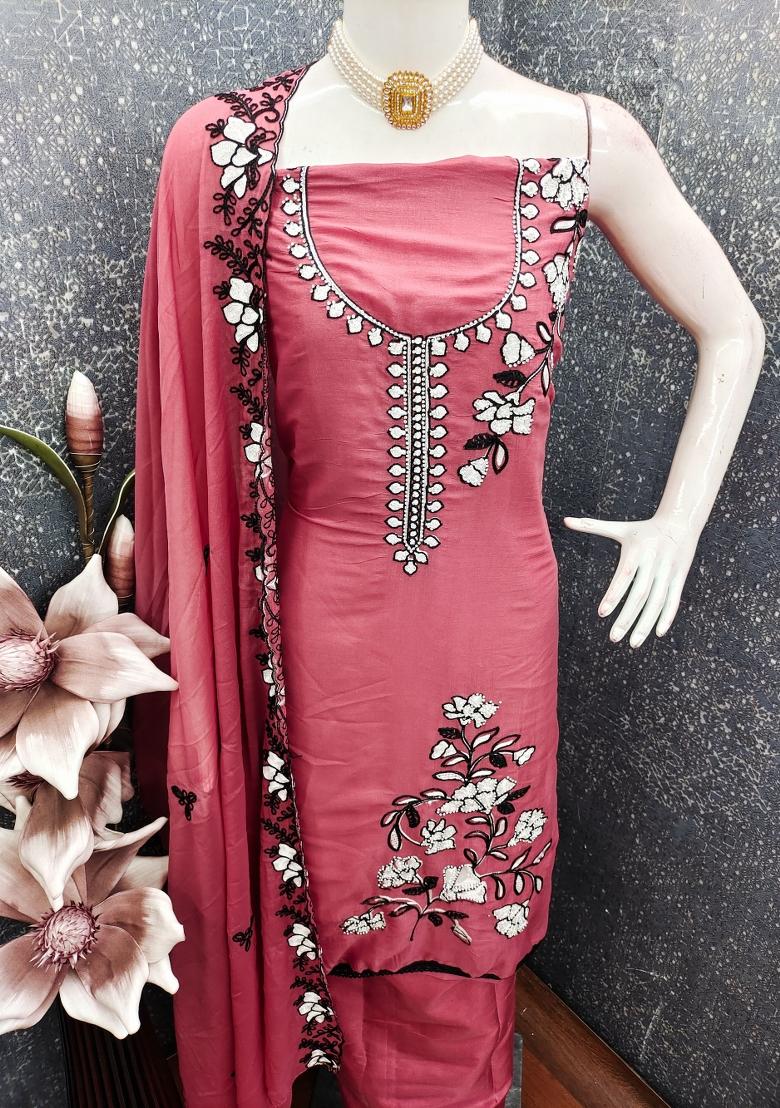 Pink Embroidery Georgette Kurta Set - Indya