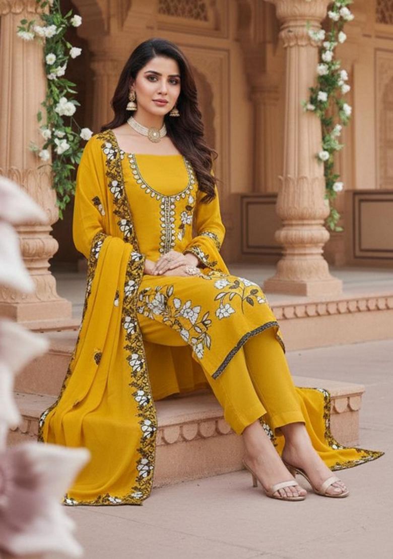 Yellow Embroidery Georgette Kurta Set - Indya