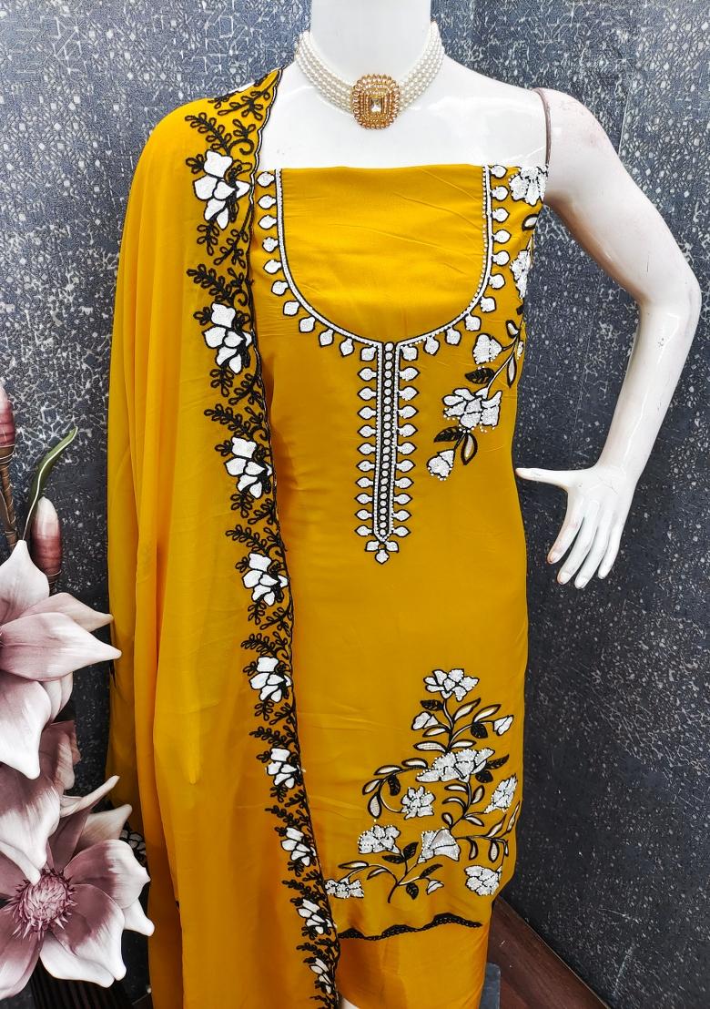Yellow Embroidery Georgette Kurta Set - Indya