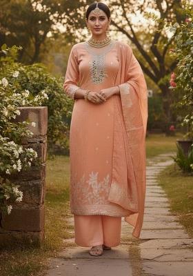 Peach Embroidery Chanderi Kurta Set