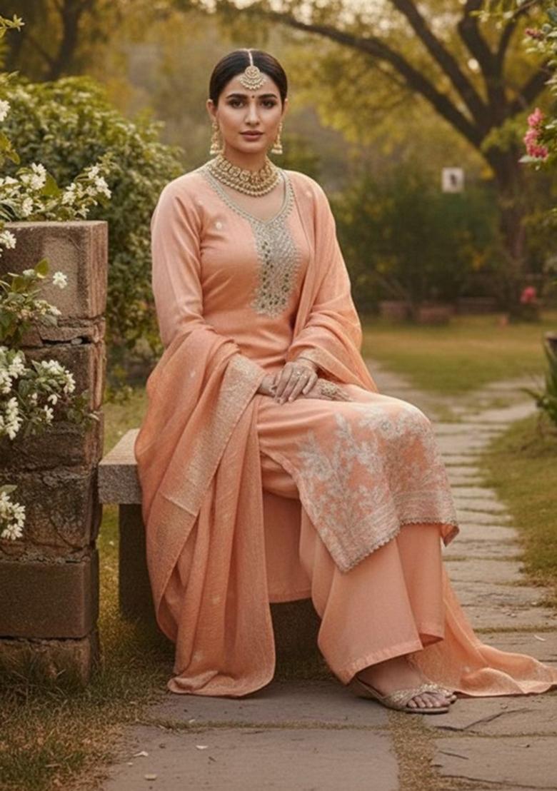 Peach Embroidery Chanderi Kurta Set - Indya