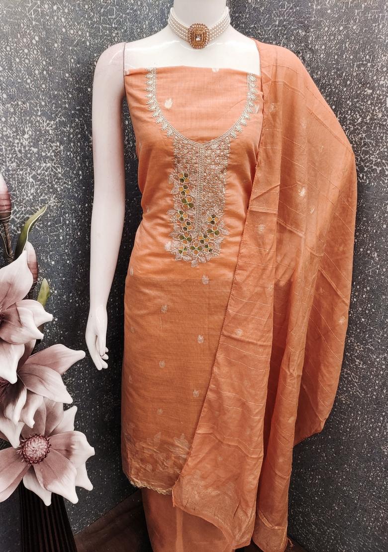 Peach Embroidery Chanderi Kurta Set - Indya