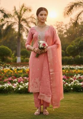 Pink Embroidery Chanderi Kurta Set