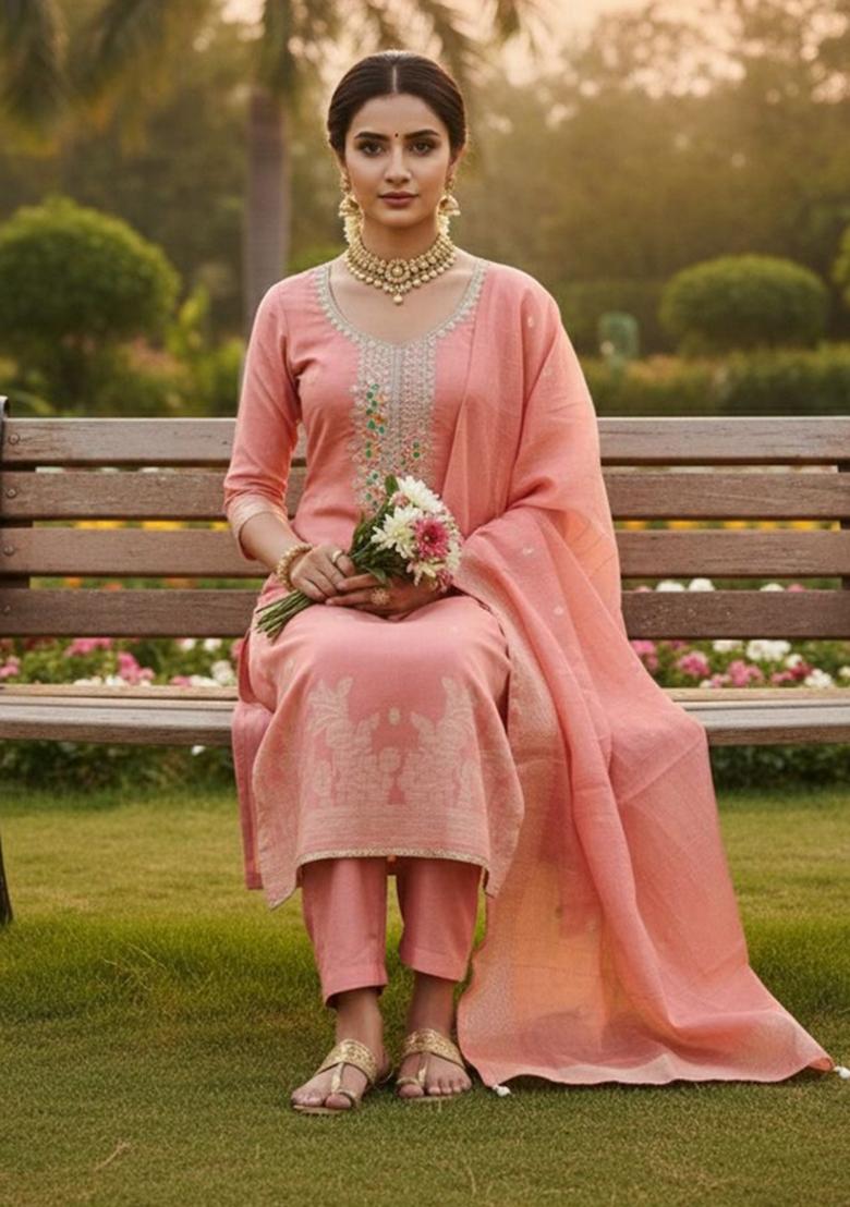 Pink Embroidery Chanderi Kurta Set - Indya