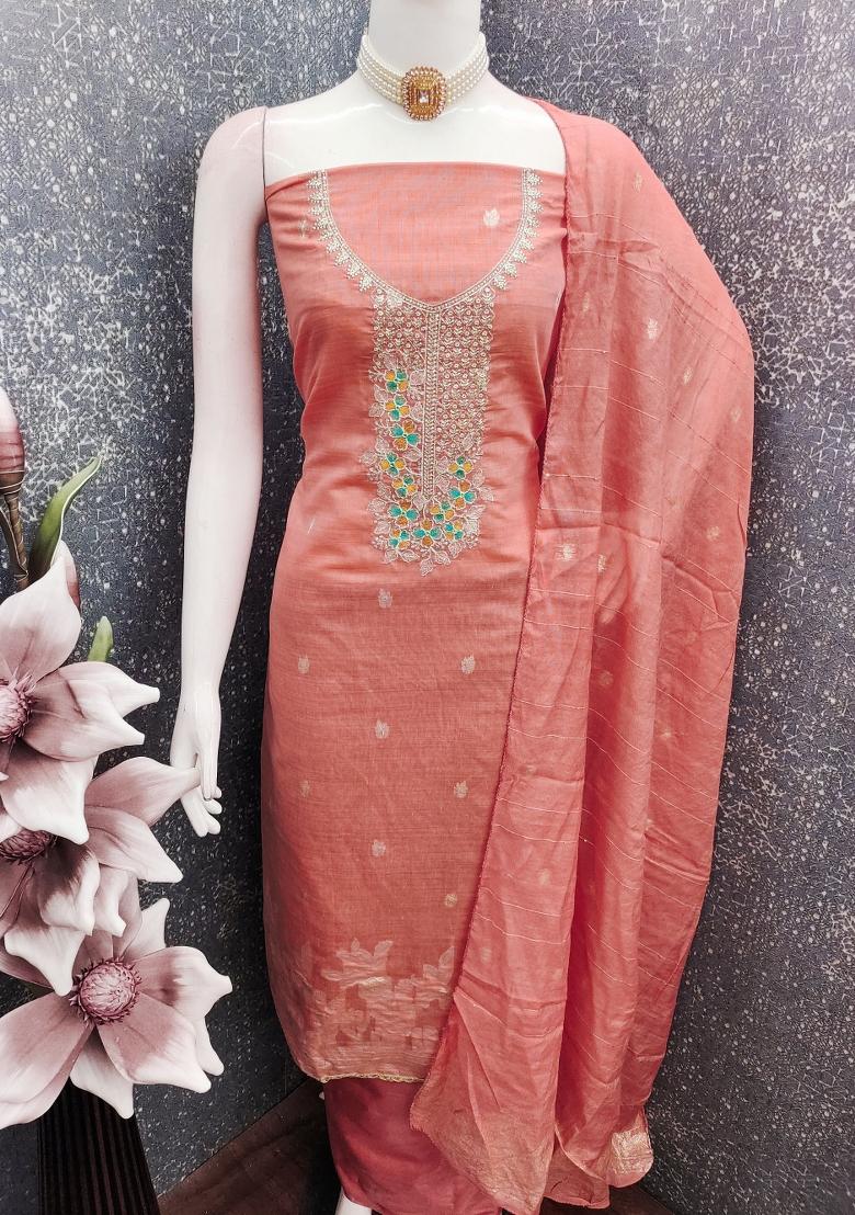 Pink Embroidery Chanderi Kurta Set - Indya