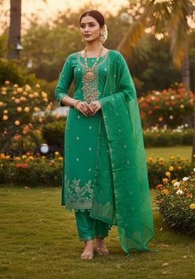 Sea Green Embroidery Chanderi Kurta Set