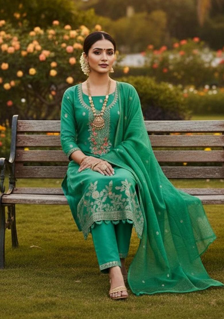 Sea Green Embroidery Chanderi Kurta Set - Indya