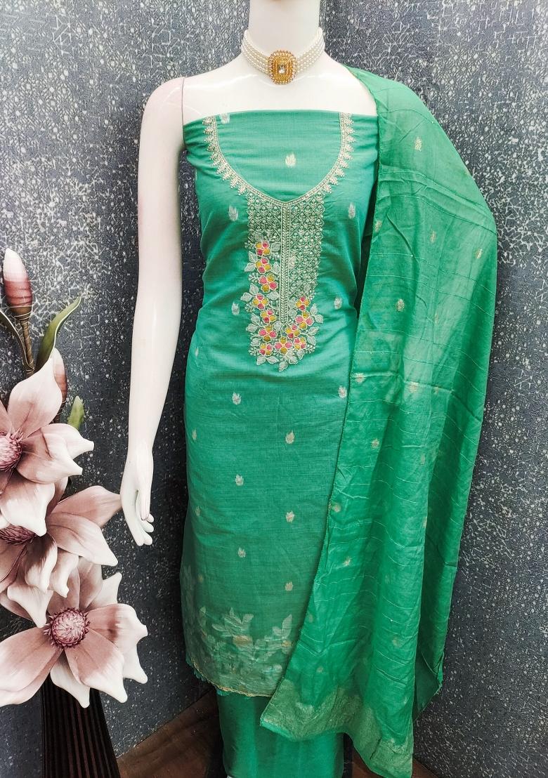 Sea Green Embroidery Chanderi Kurta Set - Indya