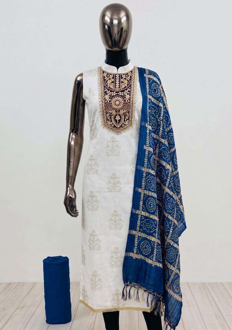 Off White Embroidery Rayon Kurta Set - Indya