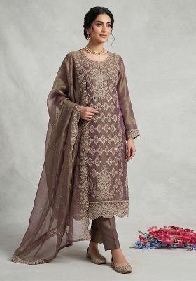 Mauve Embroidery Silk Kurta Set