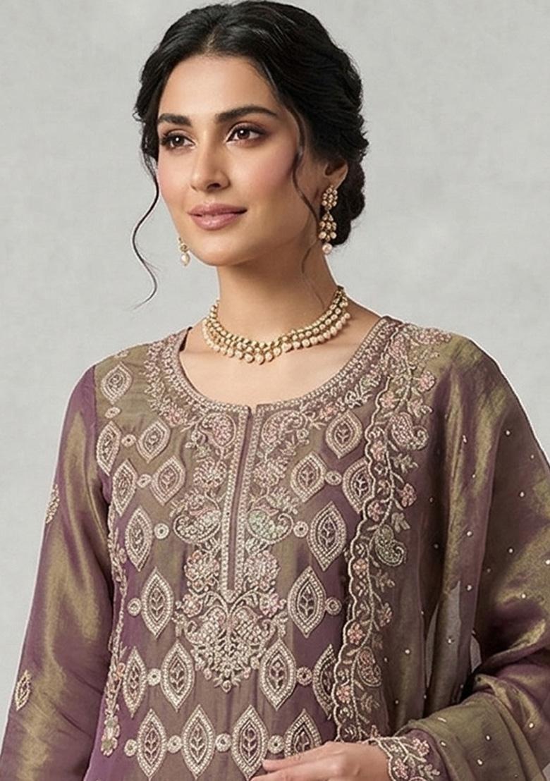 Mauve Embroidery Silk Kurta Set - Indya