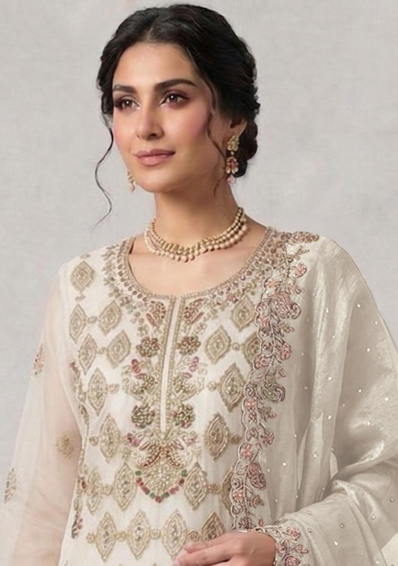 White Embroidery Silk Kurta Set - Indya