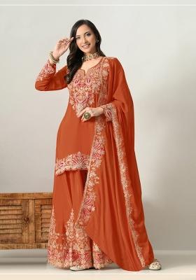 Orange Embroidery Silk Kurta Set