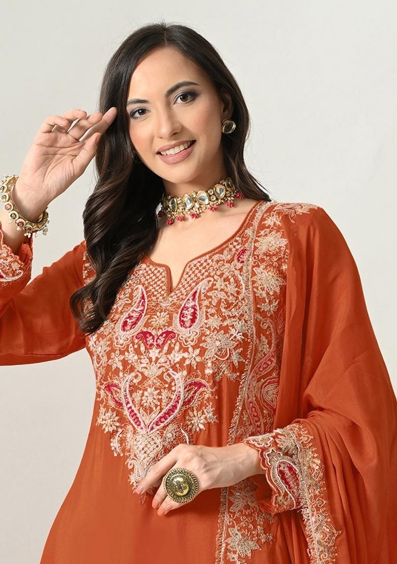 Orange Embroidery Silk Kurta Set - Indya