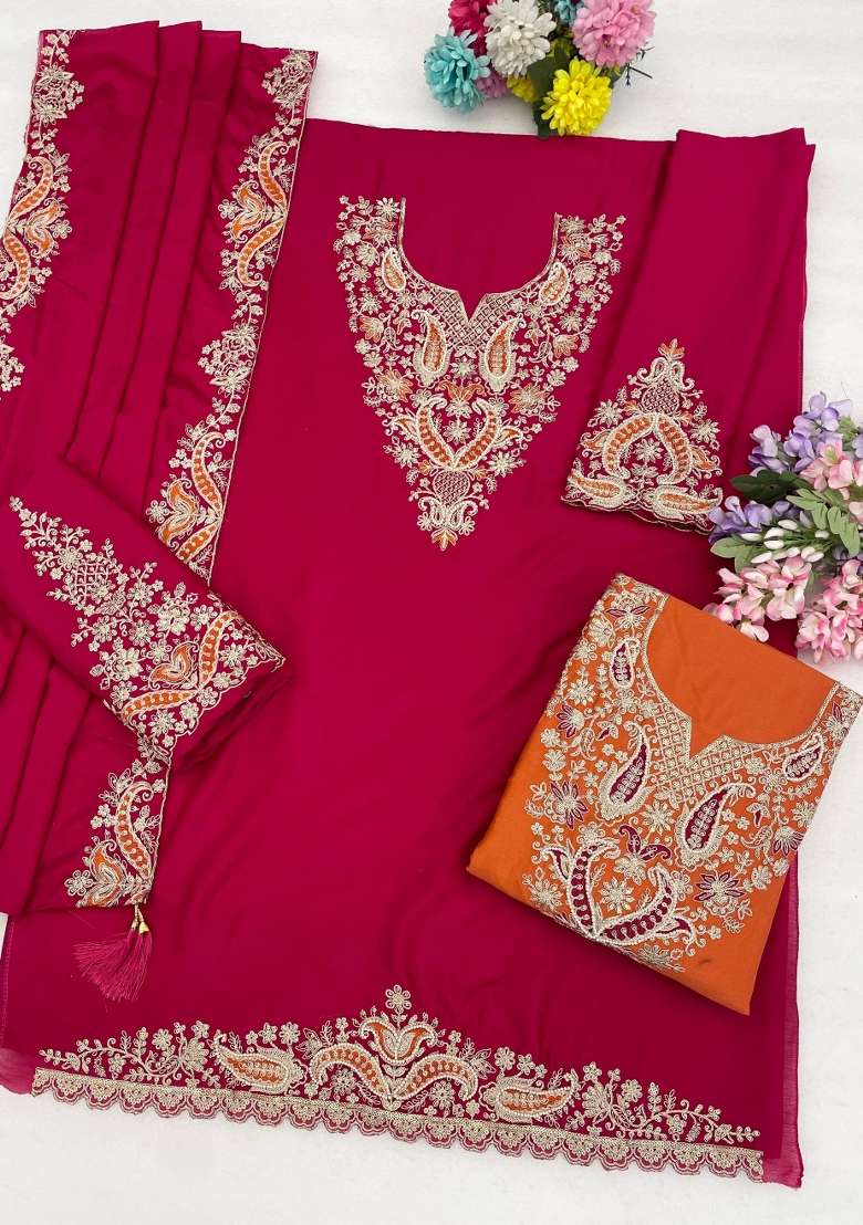 Magenta Embroidery Silk Kurta Set - Indya