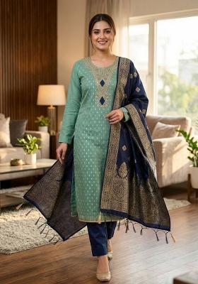 Sky Blue Embroidery Silk Kurta Set
