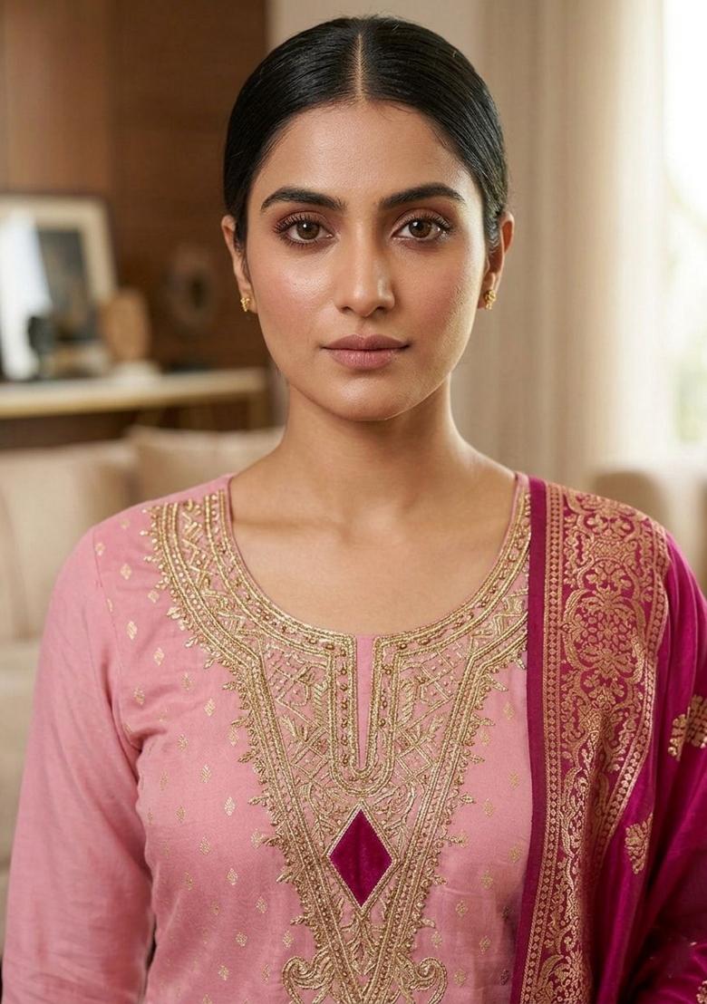 Pink Embroidery Silk Kurta Set - Indya