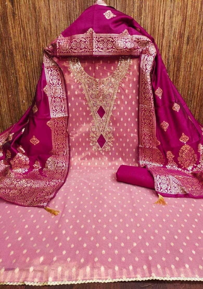 Pink Embroidery Silk Kurta Set - Indya