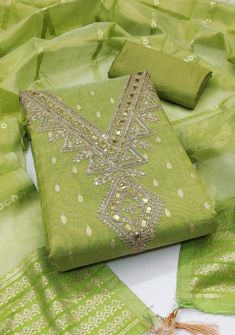 Green Embroidery Silk Kurta Set - Indya