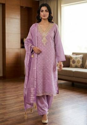 Purple Embroidery Silk Kurta Set