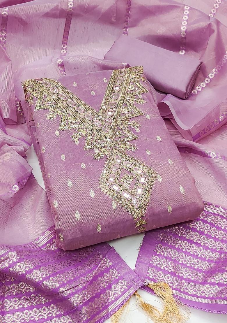 Purple Embroidery Silk Kurta Set - Indya