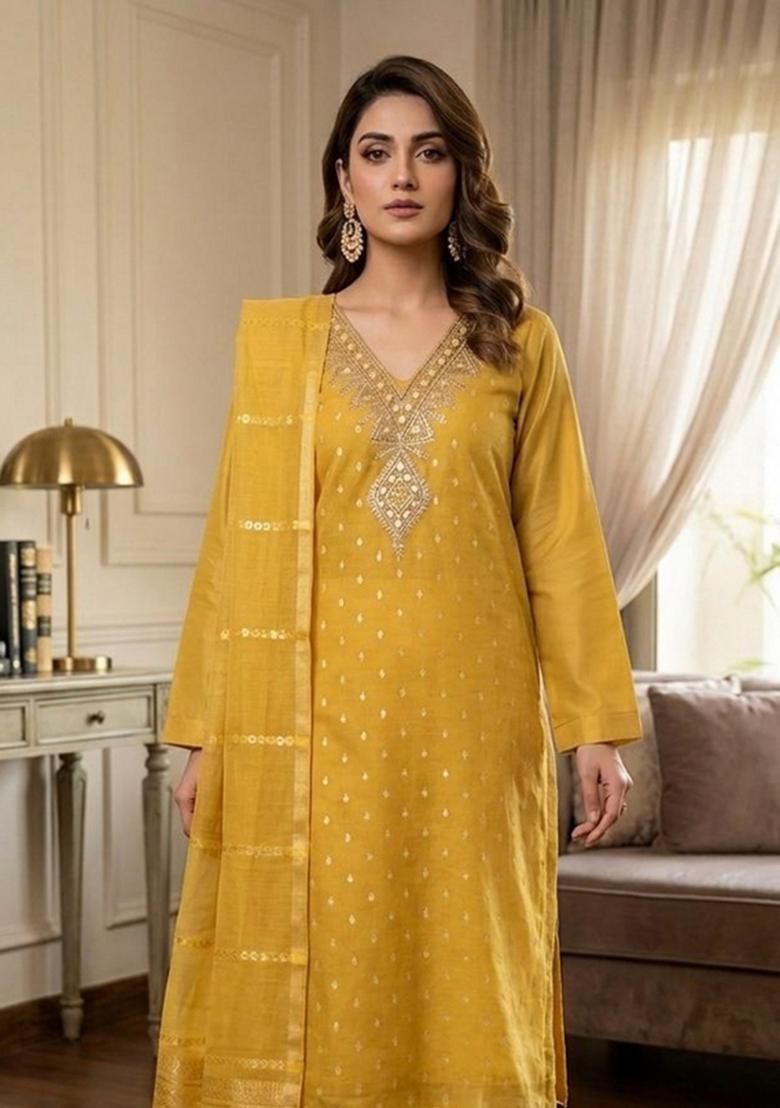 Yellow Embroidery Silk Kurta Set - Indya