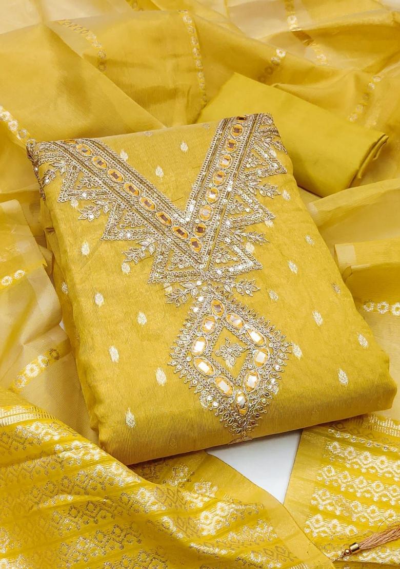 Yellow Embroidery Silk Kurta Set - Indya