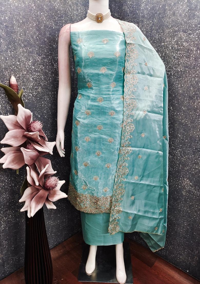 Sky Blue Embroidery Silk Kurta Set - Indya