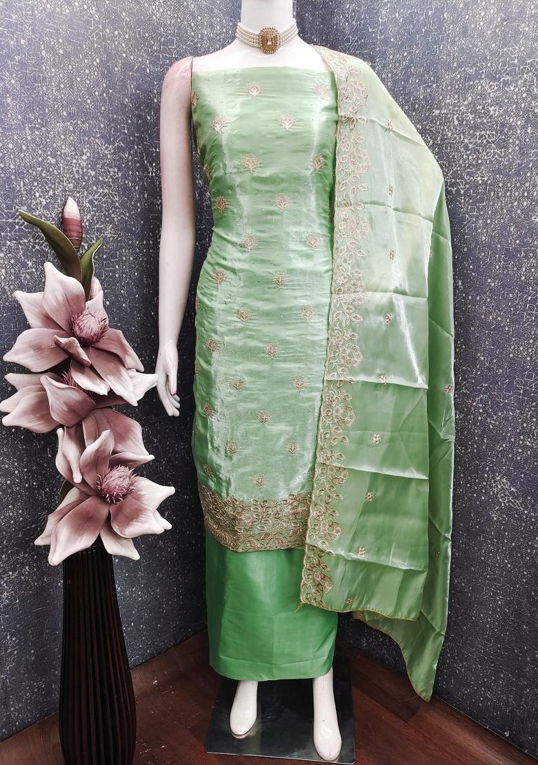 Green Embroidery Silk Kurta Set - Indya