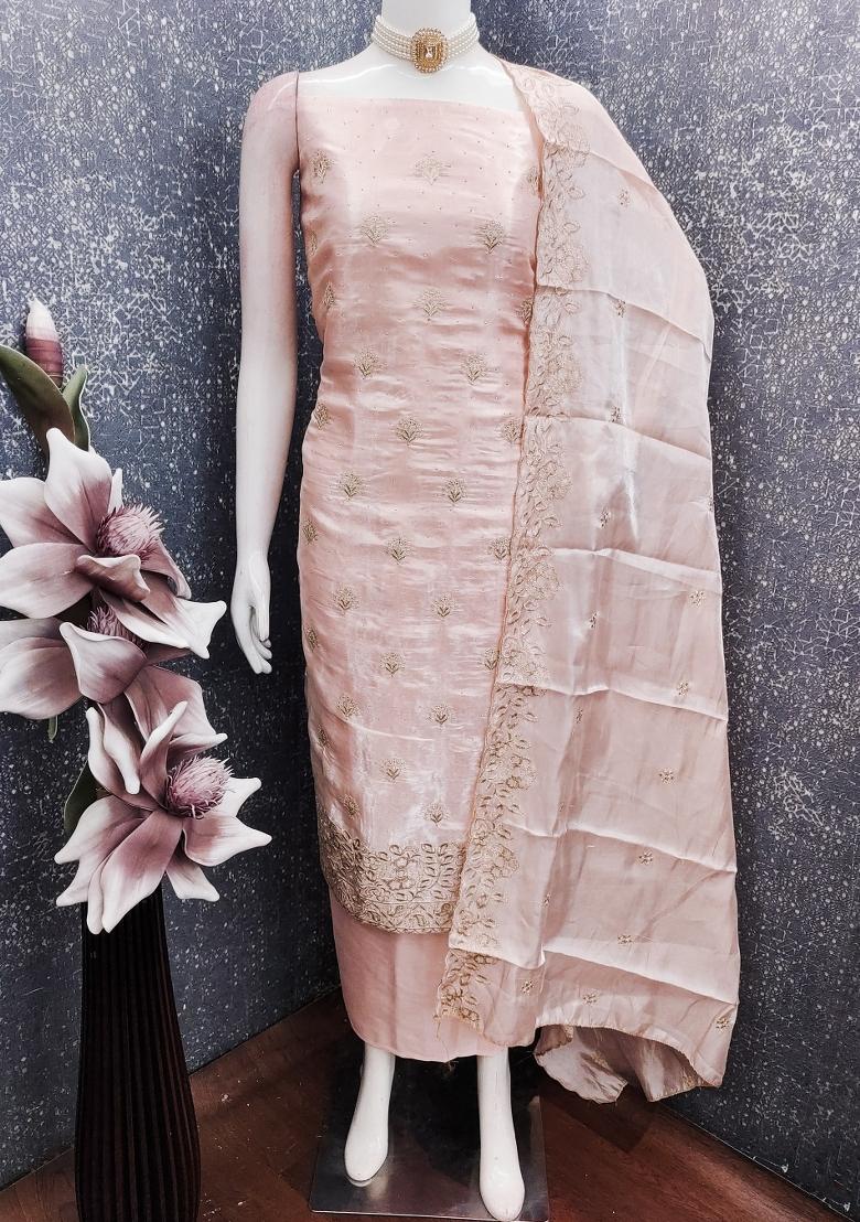 Peach Embroidery Silk Kurta Set - Indya